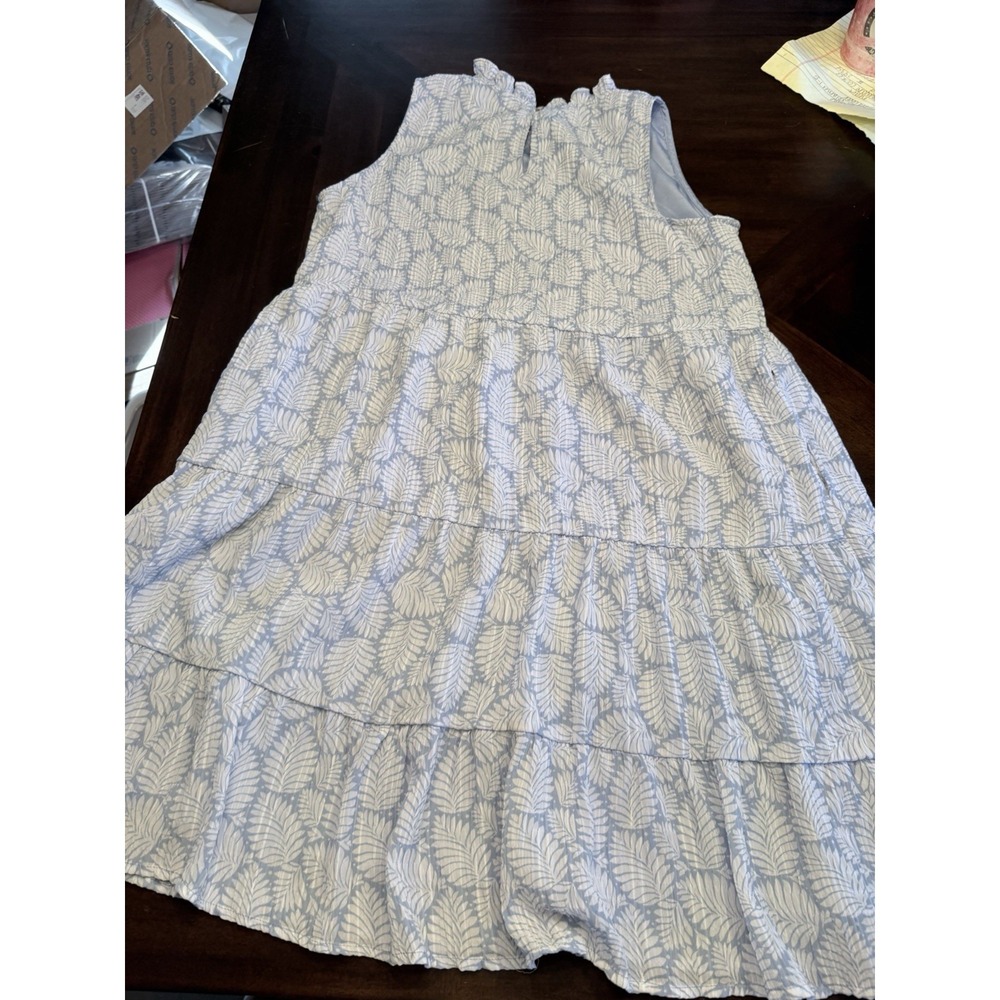 Loft Dress Medium Blue Print Crepe Crinkle sleeveless pockets - Picture 5 of 7